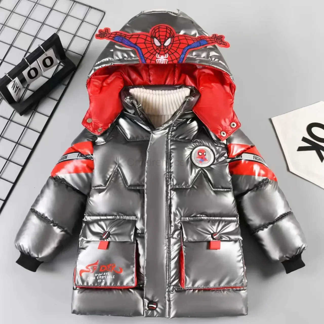 Disney 2025 Winter Kids Down Jacket Baby Boy Cartoon Spiderman Thicken CottonPadded Warm Hooded Parka Coat Children Clothing Outerwear H251007