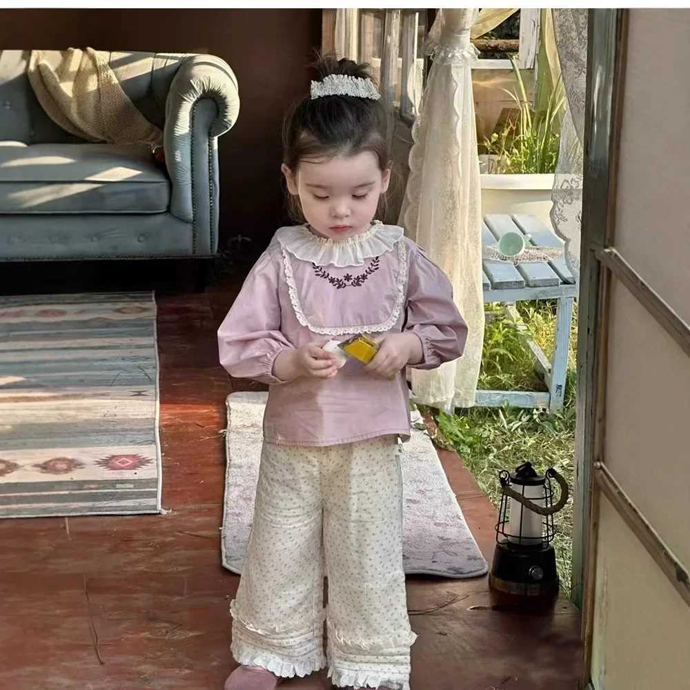 Girls Shirt Polka Dot Pants 2025 New Spring Korean Fashion Pink Long Sleeve Broken Flower Shirt Polka Dot Pants C251007