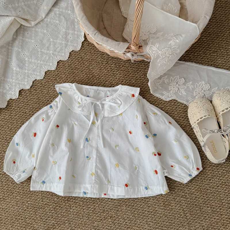 5722 Children Shirt Spring 2025 New Korean Girls Cotton Embroidered Lotus Leaf Collar Shirt Sweet Bottoming Shirt Tops C251007