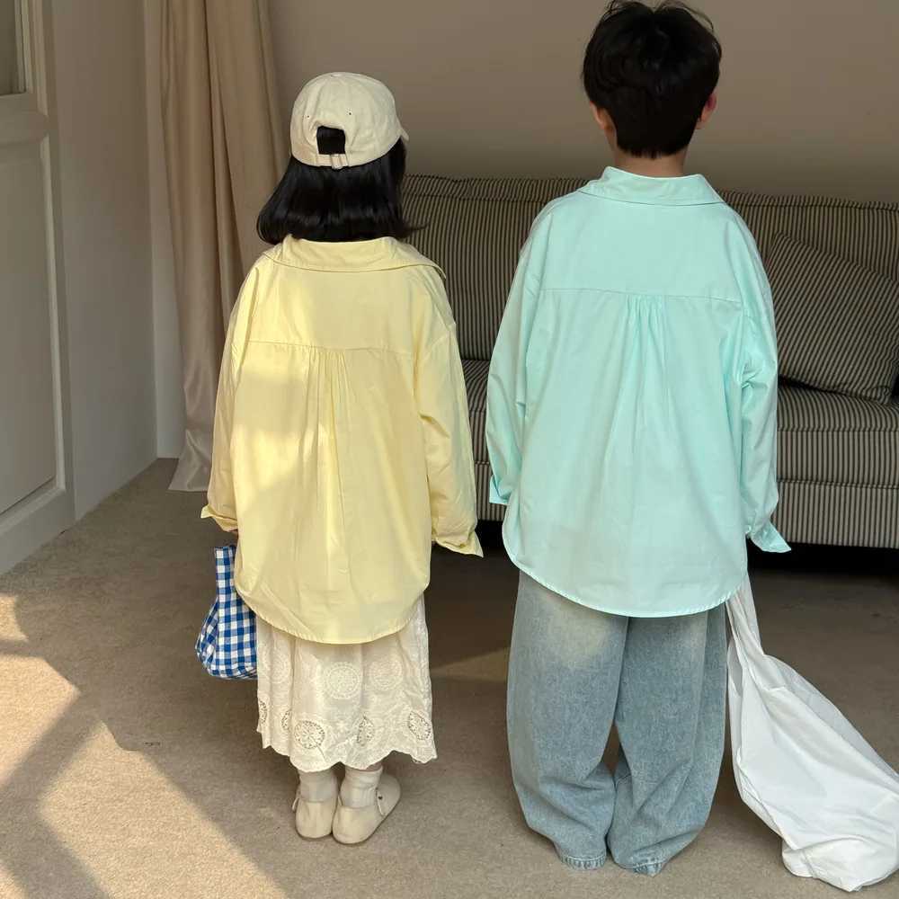 Childrens Shirt 2025 Spring New Korean Fashion Solid Color Allmatch Collar Long Sleeve Shirt Kids Clothes C251007