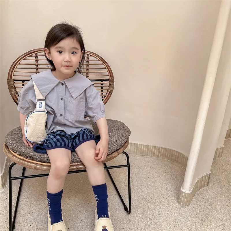 Korean Style New Summer Girls Short Sleeve Blouse Beige Light Blue Letter Embroidery Sailor Collar Single Breasted Shirts A22293 C251007