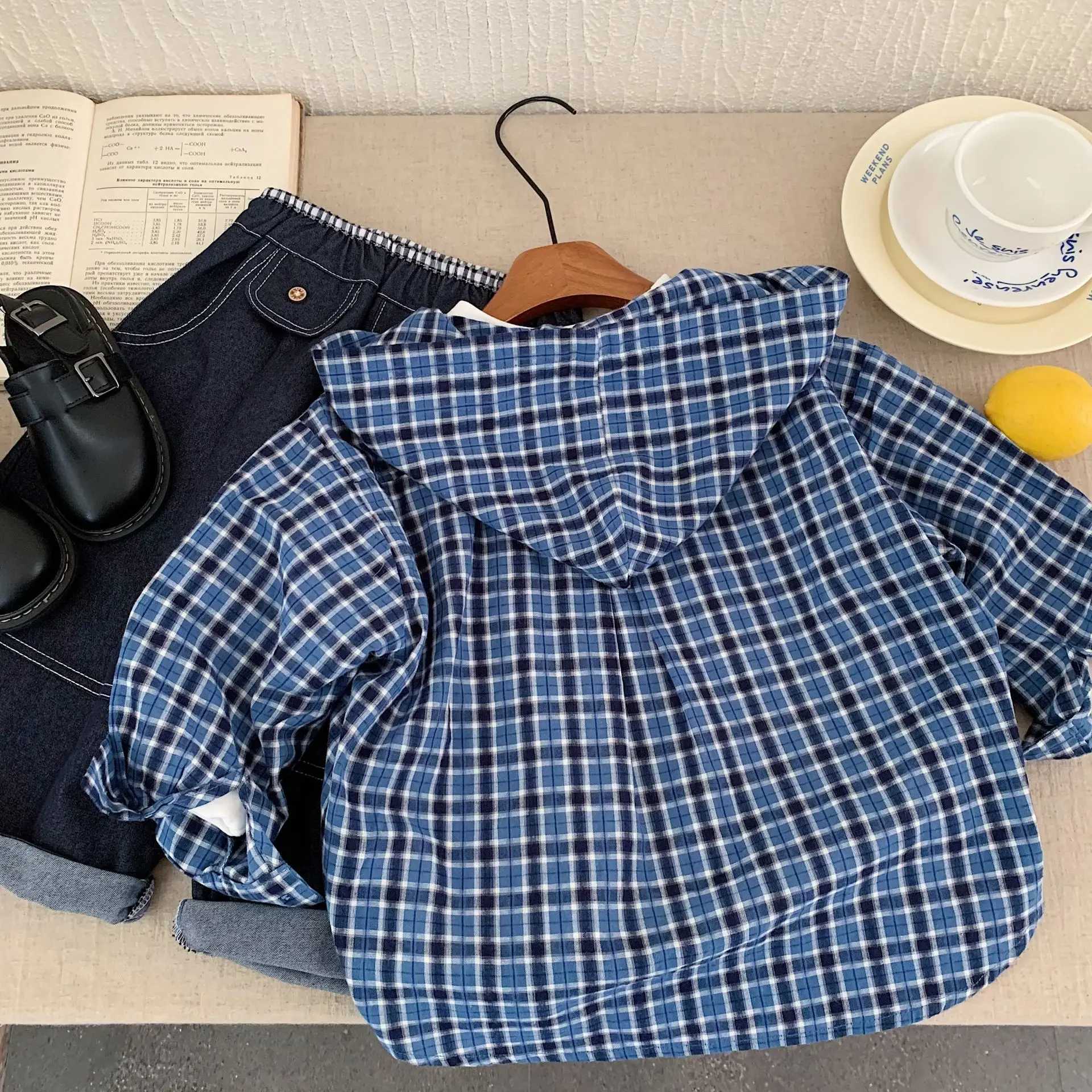 Korean New Autumn Children Boys Tops Hooded Plaid Infant Baby Boys Coat Single Button Long Sleeves Casual Toddler Boys Shirt C251007