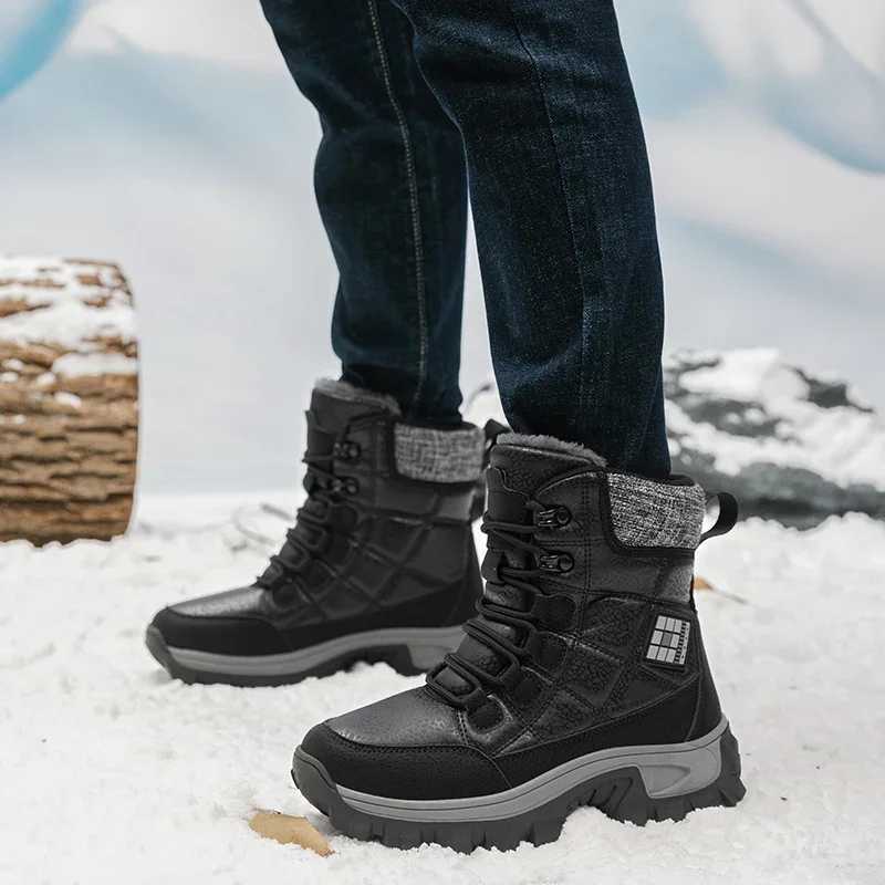 Mens Hiking Shoes Outdoor Mens Snow Warm Plush Boots Lace Up High Top Mens Waterproof Winter Ankle Boots AntiSlip J251007