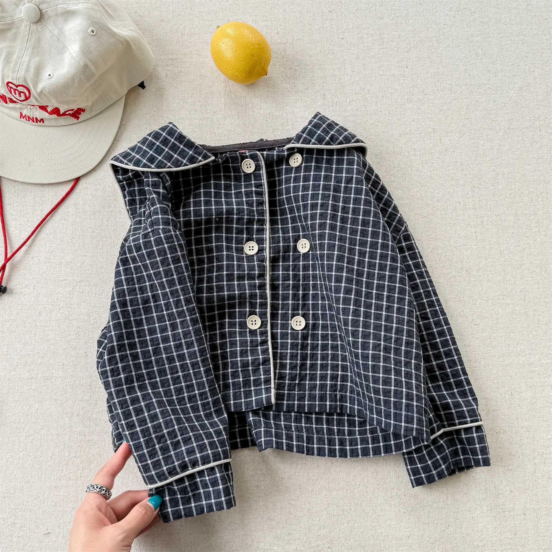 2025 Autumn New Girls Plaid Shirts Children Long Sleeve Tops Baby Girl Large Lapel Cotton Linen Blouse Kids Casual Tops C251007