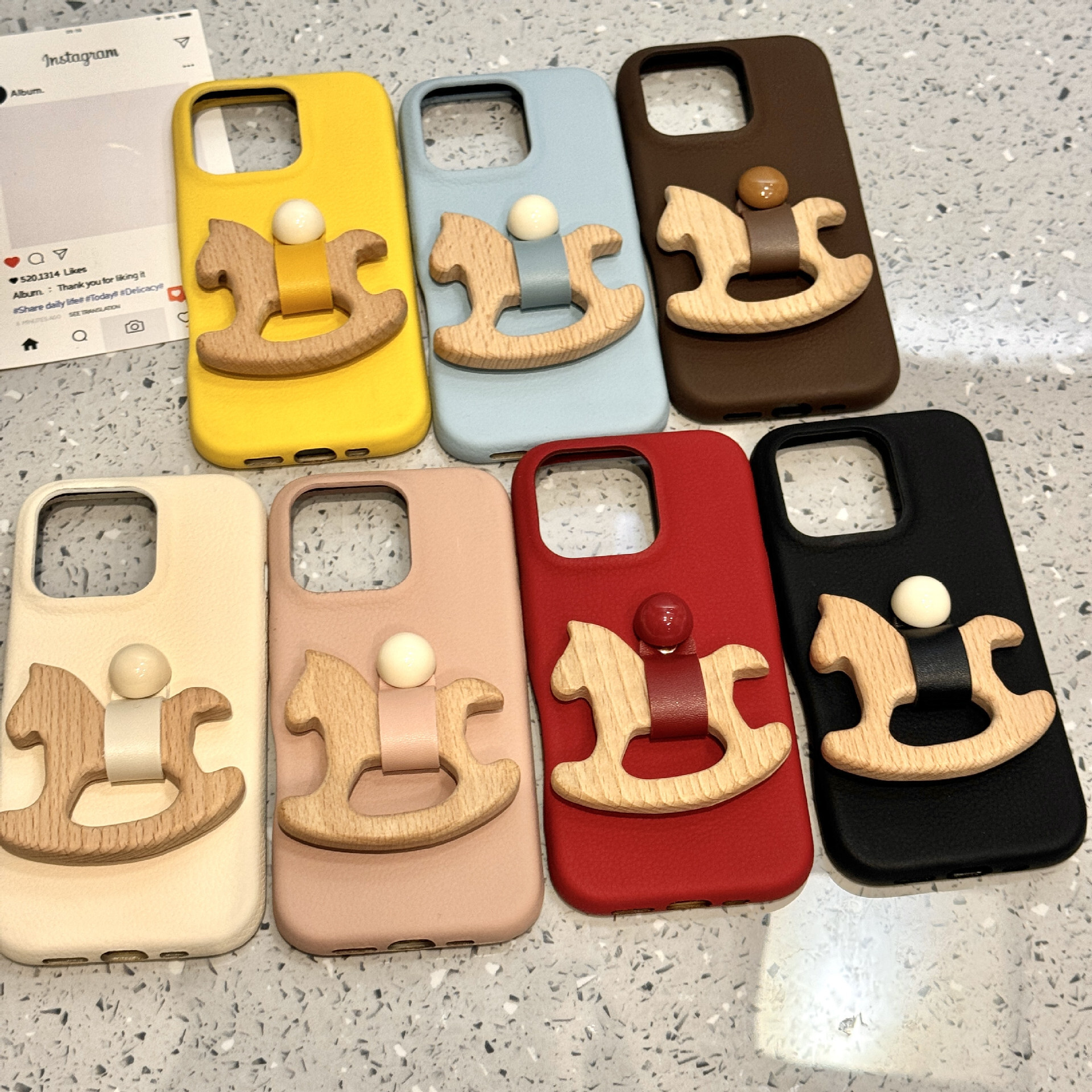 for iPhone 16 Pro Max Case with 3D Wooden Horse Ring Holder Kickstand Leather Touch Comfortable Handcrafted Cover for iPhone phone case
