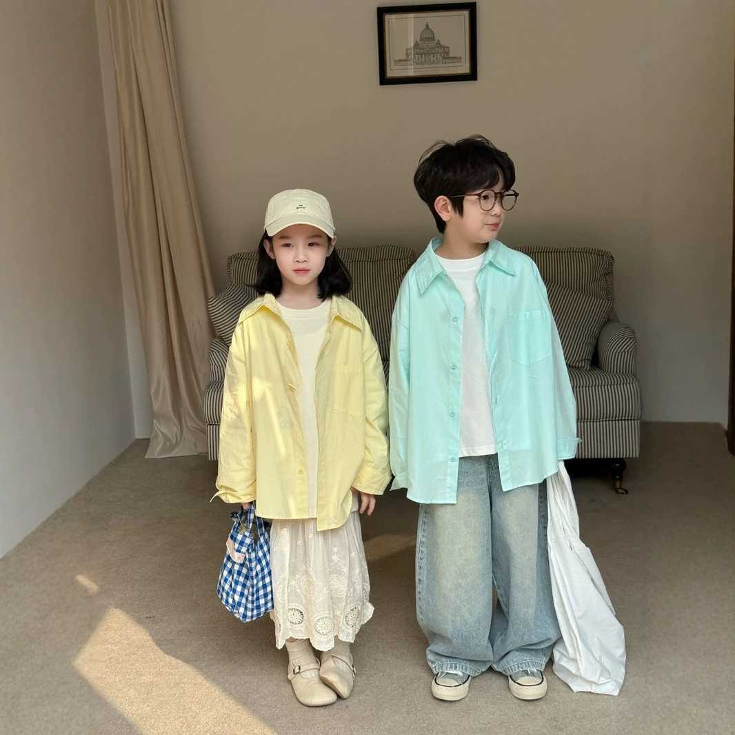 Childrens Shirt 2025 Spring New Korean Fashion Solid Color Allmatch Collar Long Sleeve Shirt Kids Clothes C251007