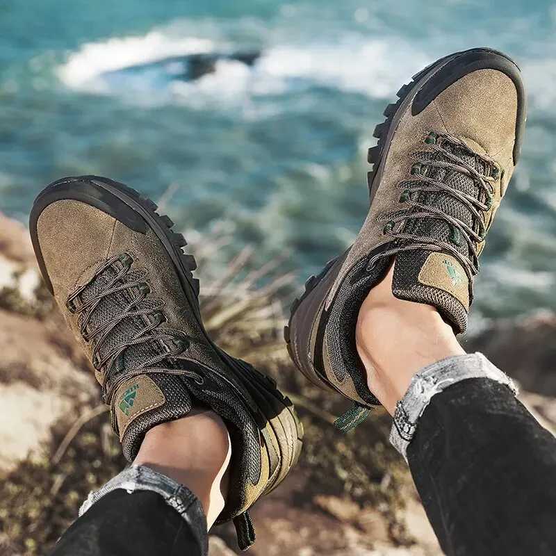 HIKEUP Leather Mens Outdoor Hiking Shoes Tourist Trekking Sneakers Mountain Climbing Trail Jogging Shoes For Men Factory Outlet J251007