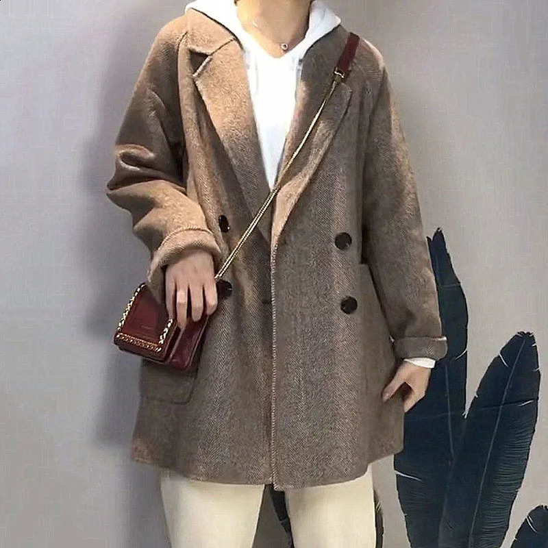 Womens Herringbone Pattern Woolen Jacket Cashmere Blazer Korean Loose Thick Coat Spring Autumn Winter y250922
