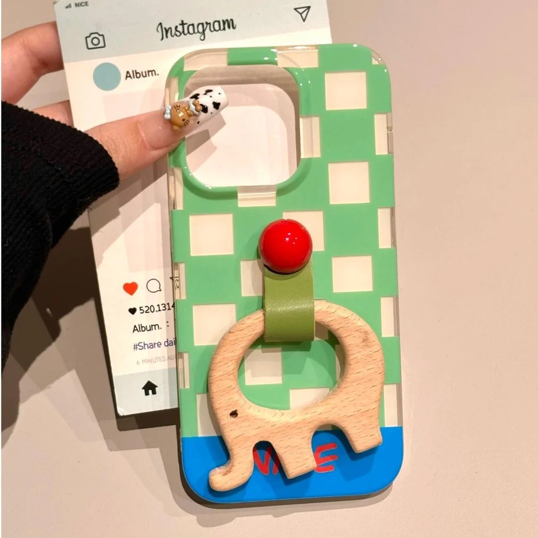for iPhone 17 Pro Cover Protective Anti Slip Wooden Plaid Trojan Elephant Grip Cute Design Leather Touch Shockproof Case for iPhone Phone Case