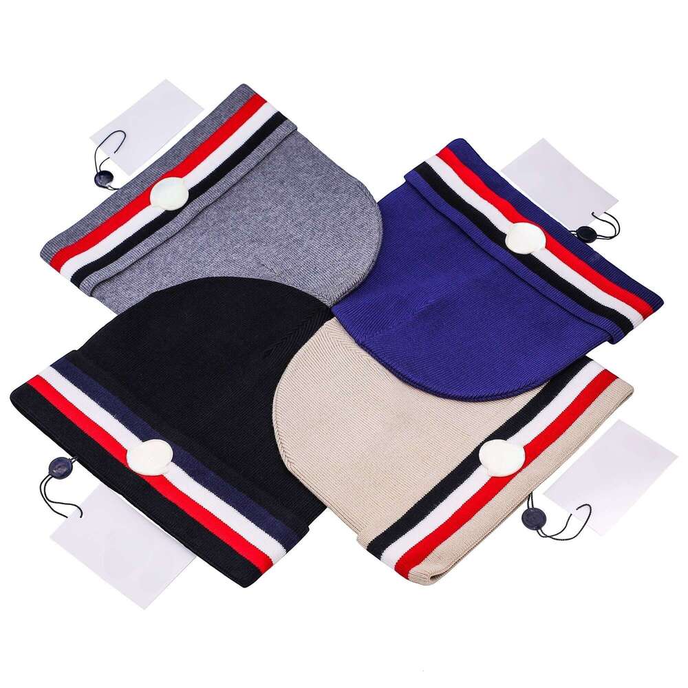 Designer beanie Unisex Striped Knit Beanie Hat - Winter Warm Cap with Button Detail (Gray/Navy/Blue/Beige) for Men & Women bonnet 226#