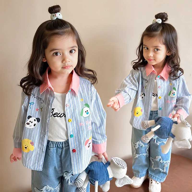 Girls autumn striped cartoon shirt baby fashionable top childrens shirt new thin coat trendy striped contrasting shirt 29 year C251007