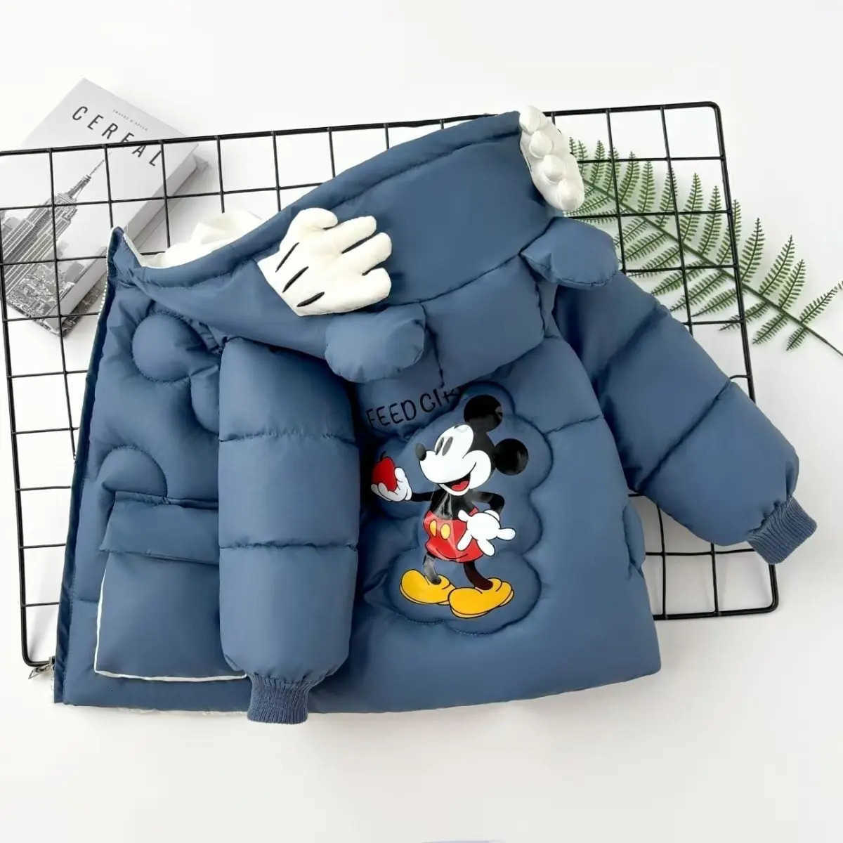 Disney Baby Boy Girl Down Jacket Autumn Winter Children Mickey Mouse Cartoon Thicken Cotton Coat With Bag Toddler Kids Hooded Outerwear H251007
