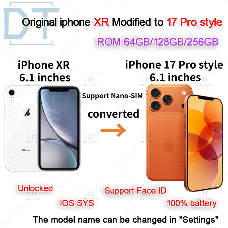 Original Unlocked iPhone XR converted to iPhone 17 Pro style phone 4G LTE 17 Pro original box sealed packaging 3GB RAM+256GB ROM OLED screen battery 1