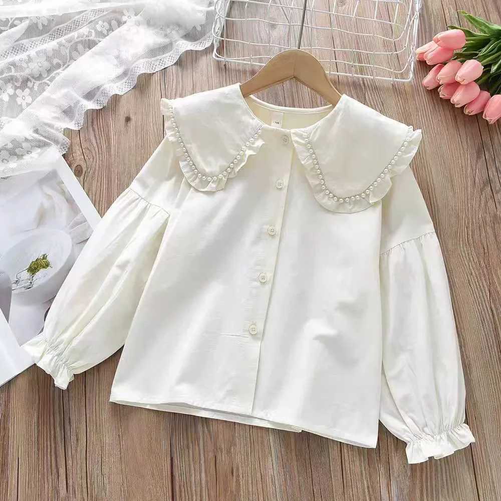 Girls Long Sleeved Shirt 2025 New Spring Girls Autumn Style Childrens Turn Down Collar Baby Girls Shirt Lace White Blouse C251007