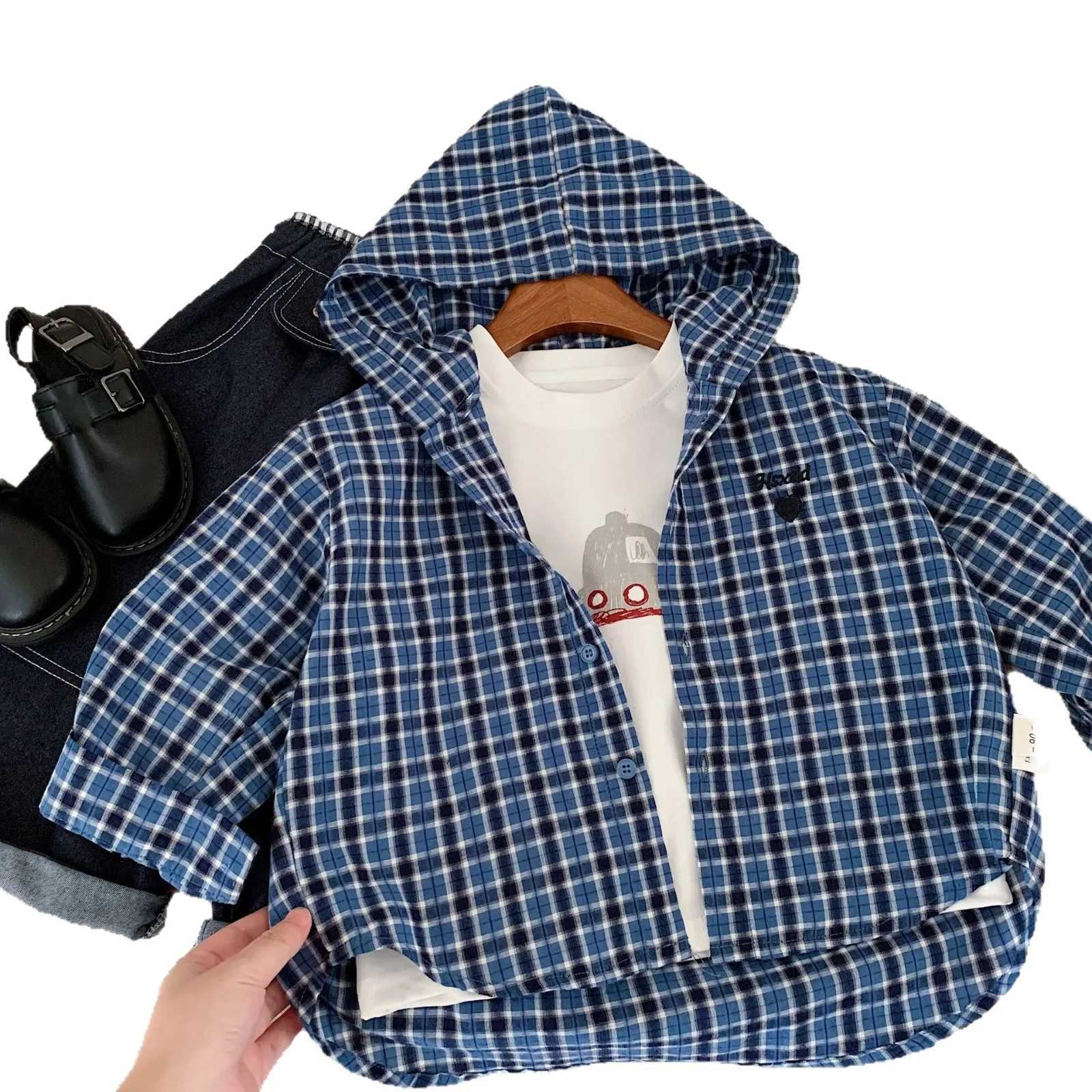 Korean New Autumn Children Boys Tops Hooded Plaid Infant Baby Boys Coat Single Button Long Sleeves Casual Toddler Boys Shirt C251007