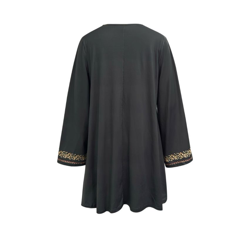 Women's Ethnic Embroidery Long Sleeve Dress - Autumn Winter Vintage V-Neck Milk Silk Casual Daily Dress-CF52924