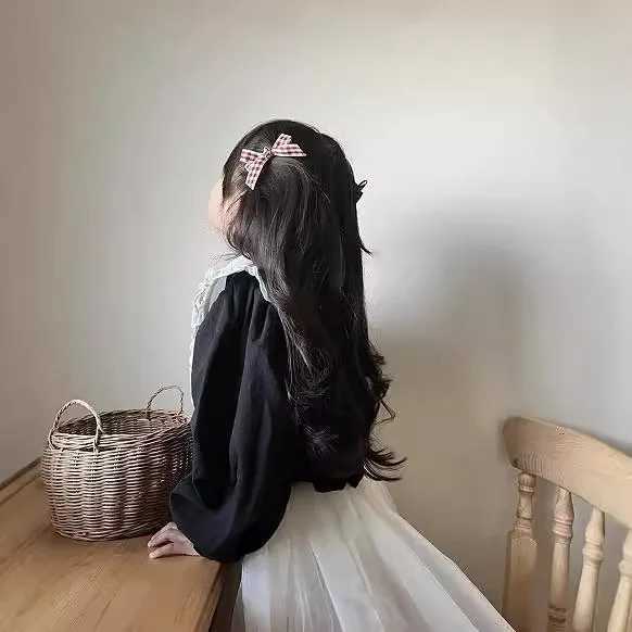 Blouses Girl Spring Autumn Black White Splicing Lotus Leaf Edge Collar Causal Long Sleeves Shirt Cotton Hemp Tops 2024 C251007