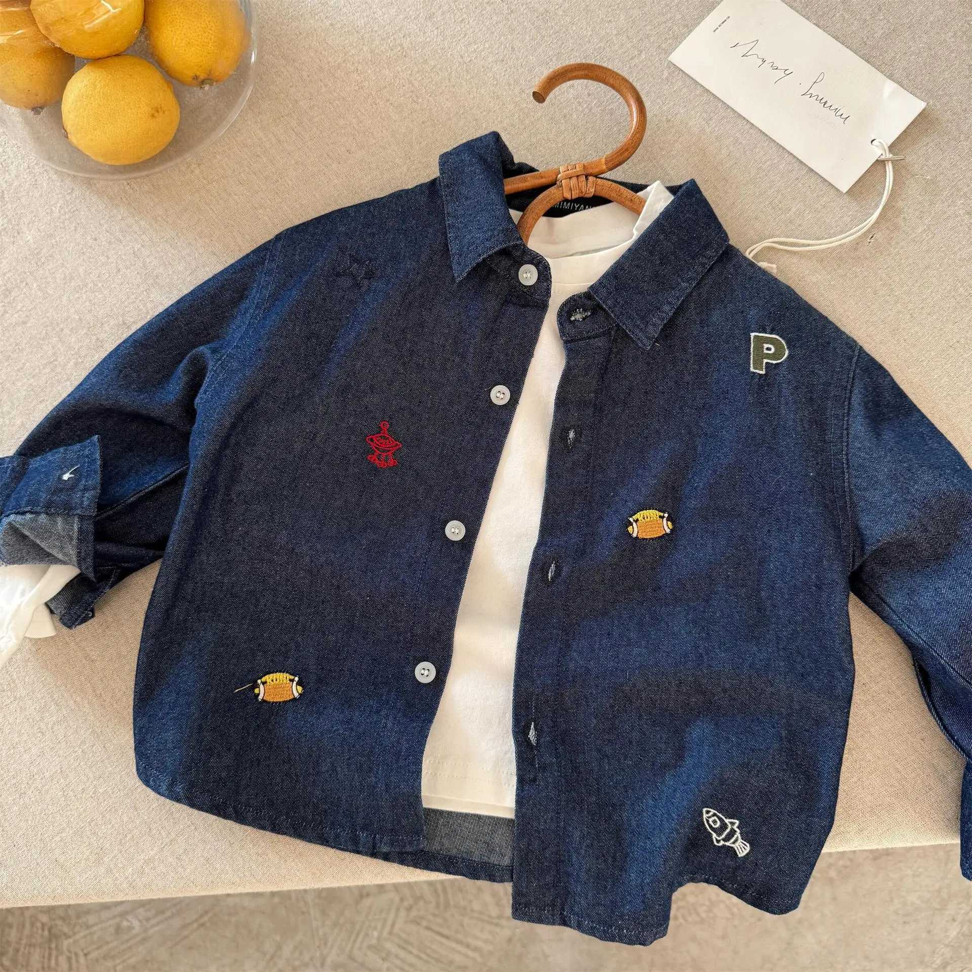 Children Shirt 2025 Spring New Simple Embroidered Shirt for Boys and Girls Baby Versatile Denim Shirt C251007