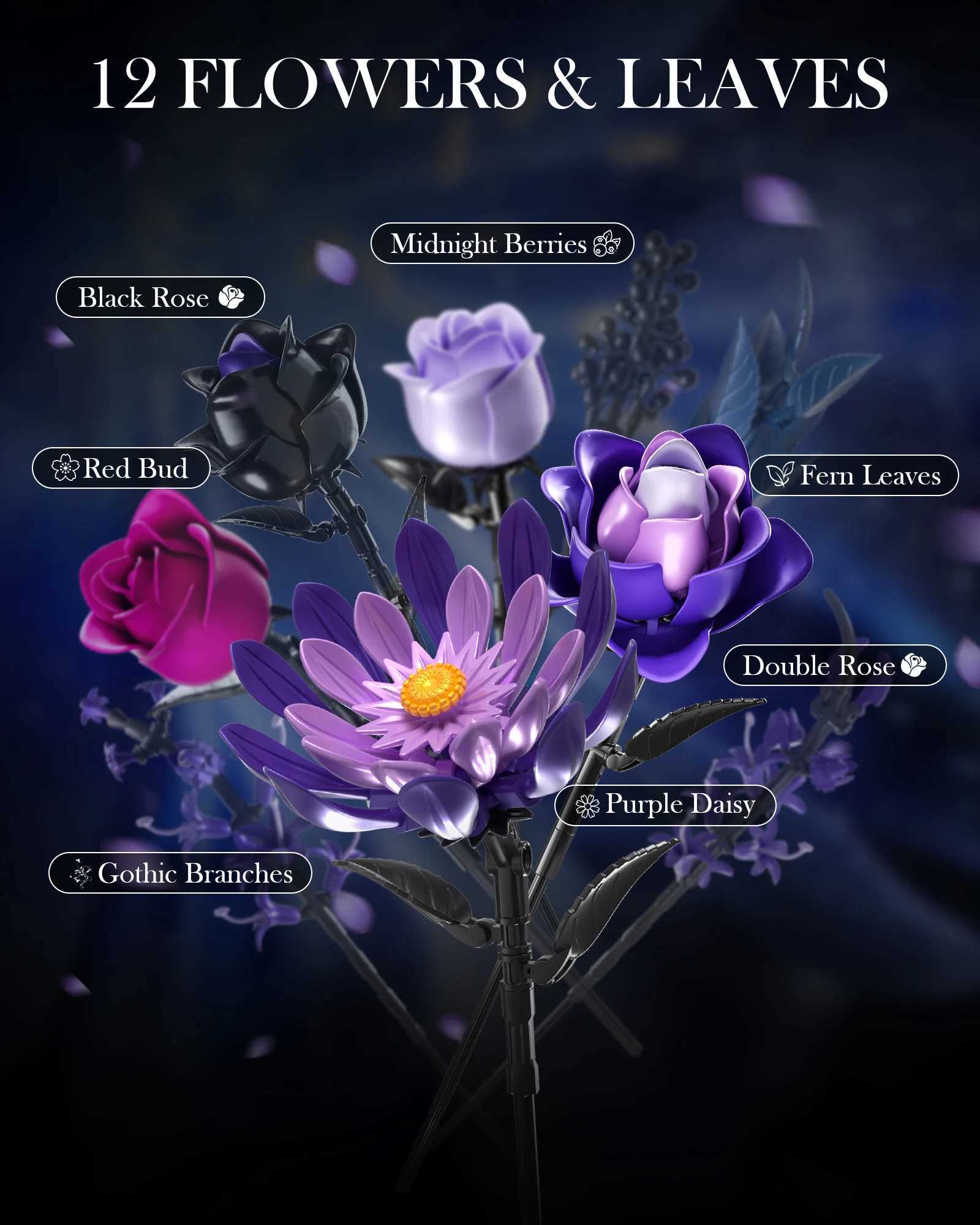 1218PCS Dark Romance Gothic Bouquet Building Blocks Flower With Vase Model Educational DIY Home Decoration Gift For Kids Adults Z251007