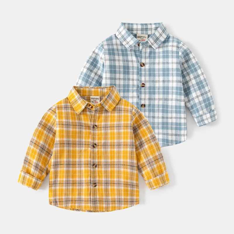 New autumn longsleeved shirts for boys checkered dress shirts for babies casual brushed fabric squareneck tops C251007