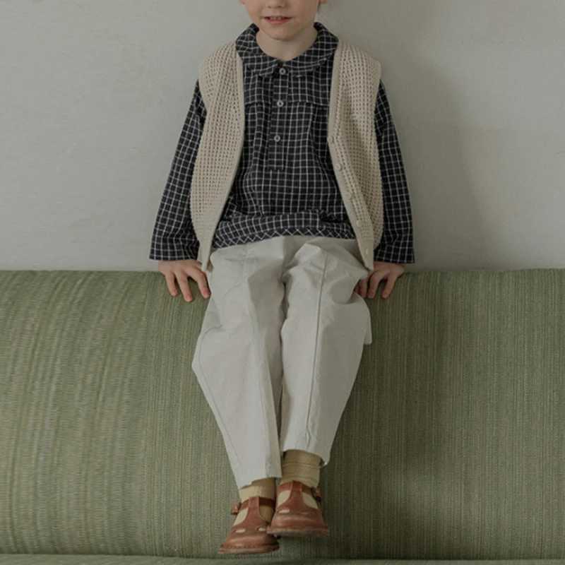 Retro Black Plaid Boys Shirts 2025 Autumn New Lapel Buttons Casual Childrens Cotton LongSleeved Shirt Girls Clothes C251007