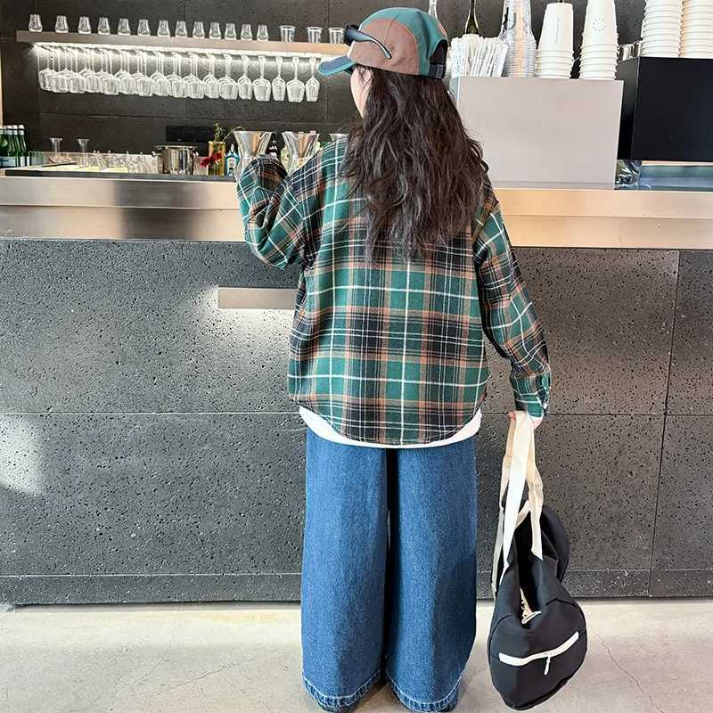 Elegant Kids Spring Autumn Blue Green Plaid Shirts For Girl Cotton Casual Long Sleeve Top School Blouses Clothing Children 514Y C251007