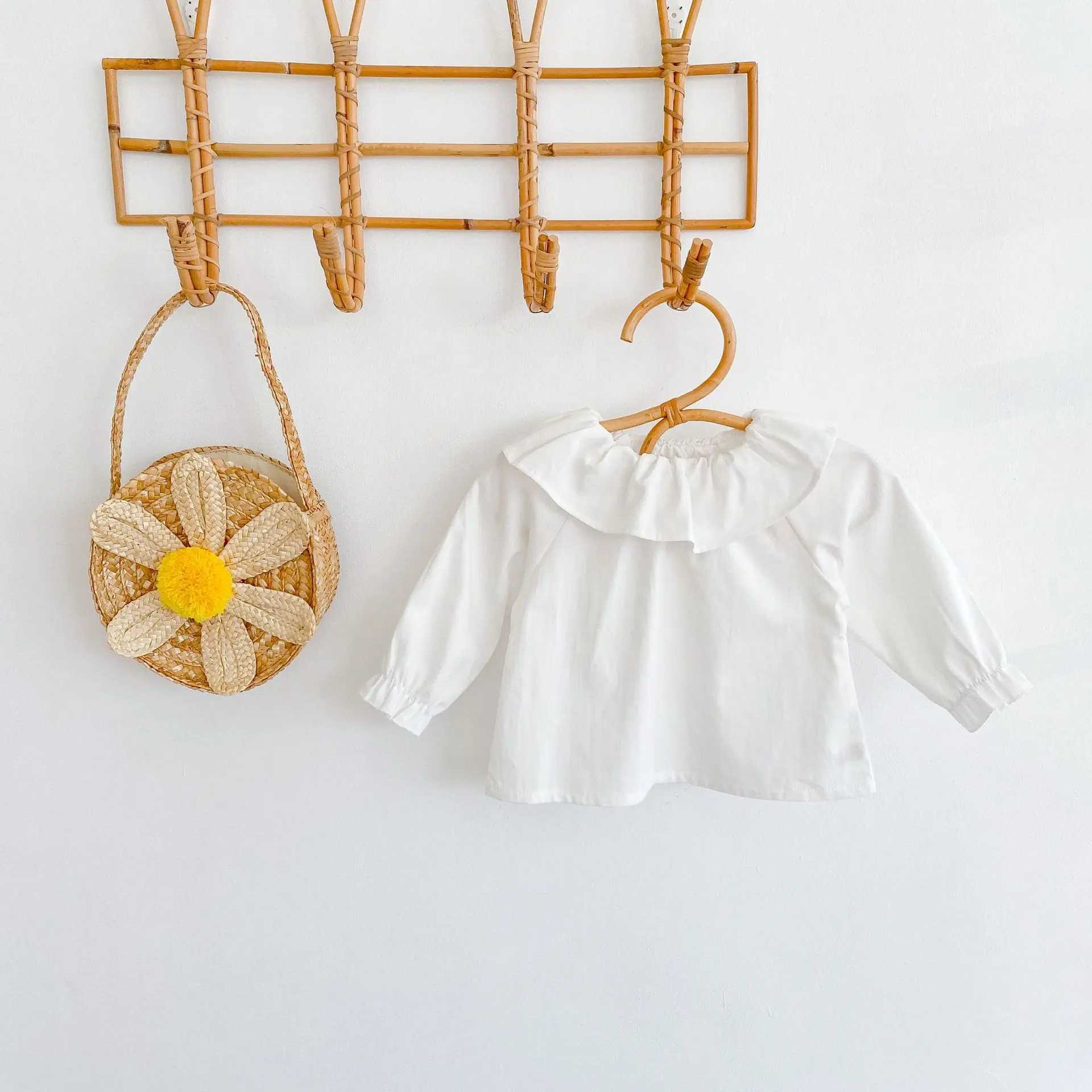 2021 Autumn Newborn Baby Girls White Shirts Ruffles Collar Korean Style Toddlers Kids Blouses Infants Clothes Pure Color Tops C251007