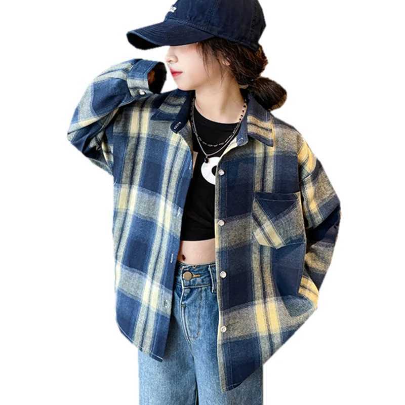 Spring Child Long Sleeve Plaid Shirts for Girls Fashion High Street Outerwear Teenage Kids Cotton Plaid Blouse 5 7 9 11 13 14 Y C251007