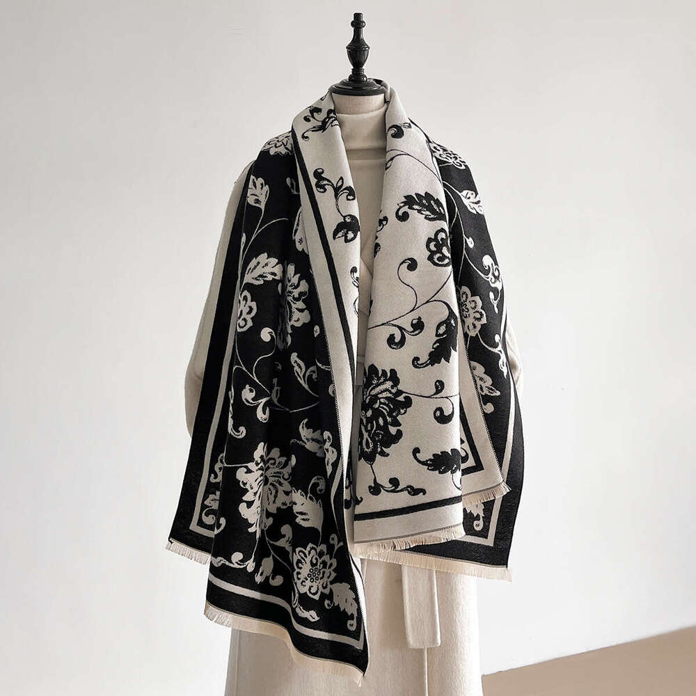 2025 Korean Version Iris Jacquard Mid-Length Thickened Double-Sided Imitation Cashmere Autumn Winter Decorative Shawl Warm and Cold-Resistant for Wome