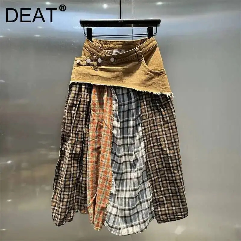 DEAT Womens Fashion Plaid Denim Patchwork Contrast Color Skirts 2025 Spring Items Casual Aline Skirt Female 11A022 250922
