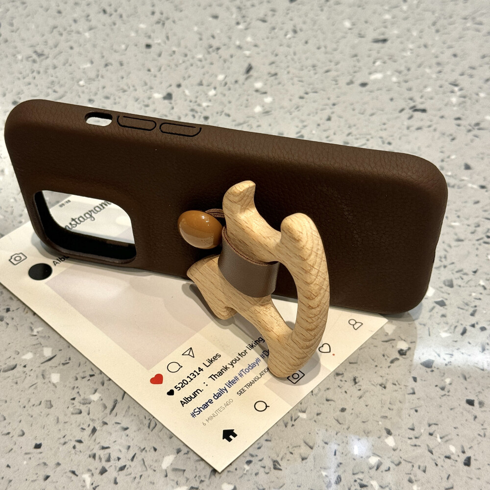 for iPhone 16 Pro Max Case with 3D Wooden Horse Ring Holder Kickstand Leather Touch Comfortable Handcrafted Cover for iPhone phone case
