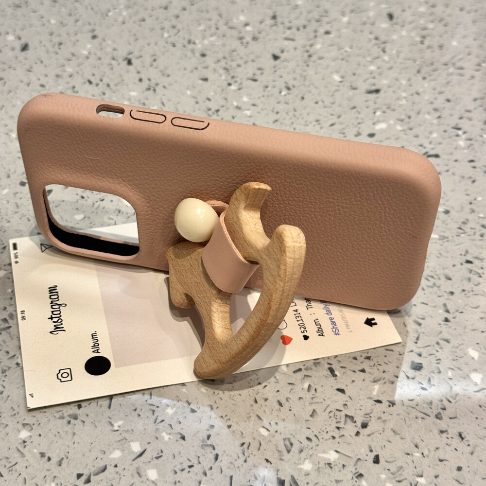for iPhone 16 Pro Max Case with 3D Wooden Horse Ring Holder Kickstand Leather Touch Comfortable Handcrafted Cover for iPhone phone case
