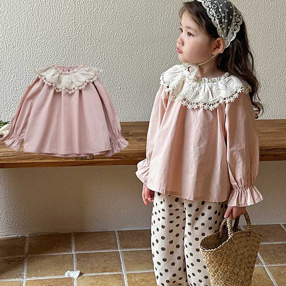 Baby Girls Pink Blouses Children New Style Lapel Blouse Flared Sleeves Tops Kids LongSleeved Lace Casual Lotus Collar Shirt C251007