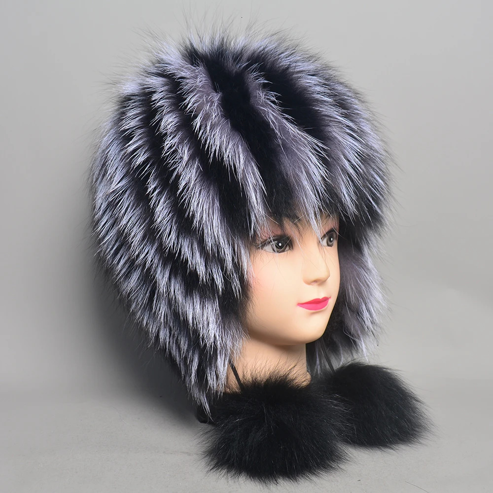 100 Natural Silver Fox Fur Women Winter Hat Knitted Cap Women Hat Fox Fur Bomber Hat Female Ear Warm Winter Must 250929