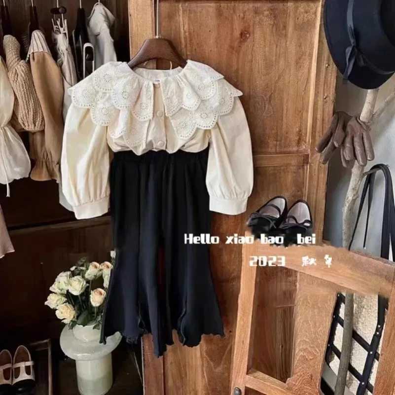 Spring and Autumn Girls Retro Foreigner Lace Shirt Childrens 2024 Fashion Solid Color Long Sleeve Top Baby Shirt C251007