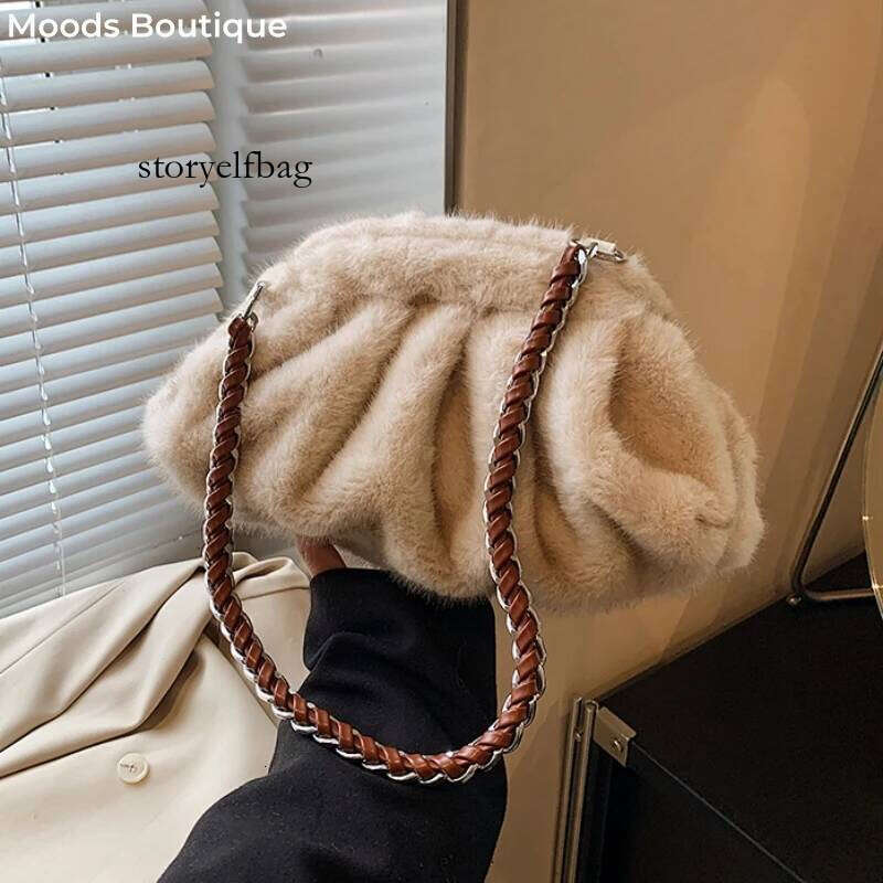 MOODS Pleated Design Faux Fur Shoulder For Women 2024 Designer Purses And Handbags Winter Warm Soft Plush Hobo Bags