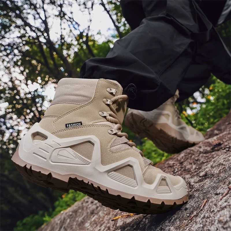 Outdoor Suede Leather Hiking Shoes Men Nonslip Training Mountain Trekking Boots Men Green Combat Tactical Boots Plus Size 46 J251007