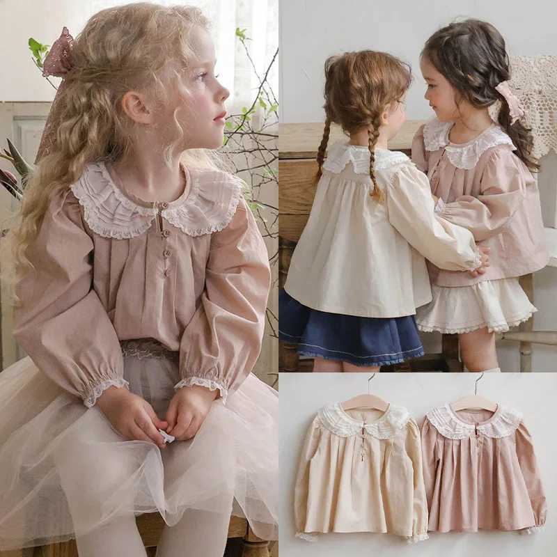 2025 Autumn New Korean Children Girls Elegant Lace Peter Pan Neck Long Sleeve Shirt Versatile Girls Shirts C251007