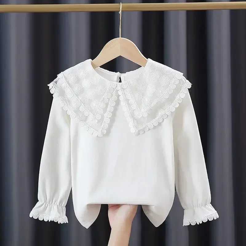 Baby Girls Fashion White Blouses Children New Style Lapel Blouse Flared Sleeves Tops Kids LongSleeved Cotton Lace Casual Shirts C251007