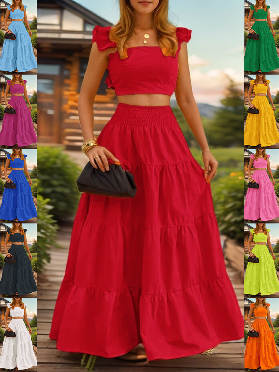 G107Solid color sexy style ruffled French suspender skirt two-piece dress women's suit