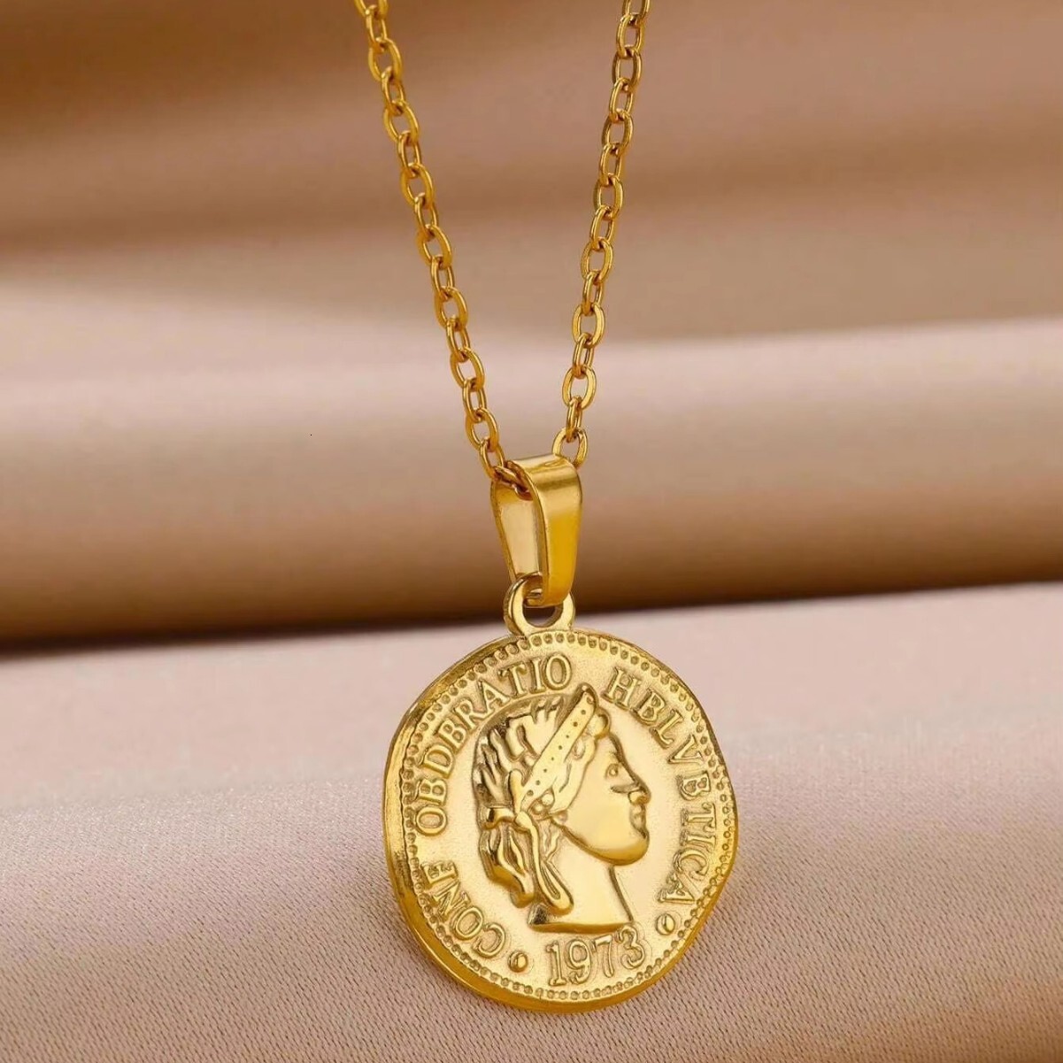Portrait Coin Angel Pendant Necklace Women's Accessories Versatile Titanium Steel Gold Plated New Vintage Style