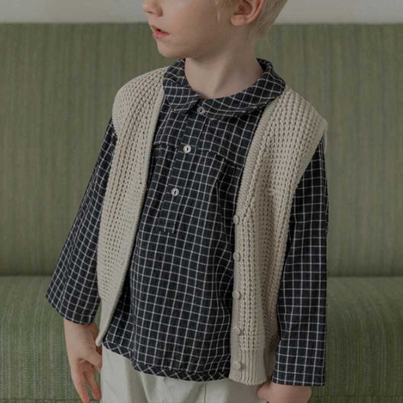 Retro Black Plaid Boys Shirts 2025 Autumn New Lapel Buttons Casual Childrens Cotton LongSleeved Shirt Girls Clothes C251007