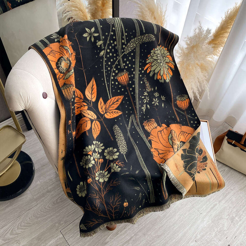 High-end Imitation Cashmere Scarf for Women, Fashionable Warm Floral Neck Warmer, Autumn and Winter Versatile Dual-use Shawl with Jacquard Craftsmansh
