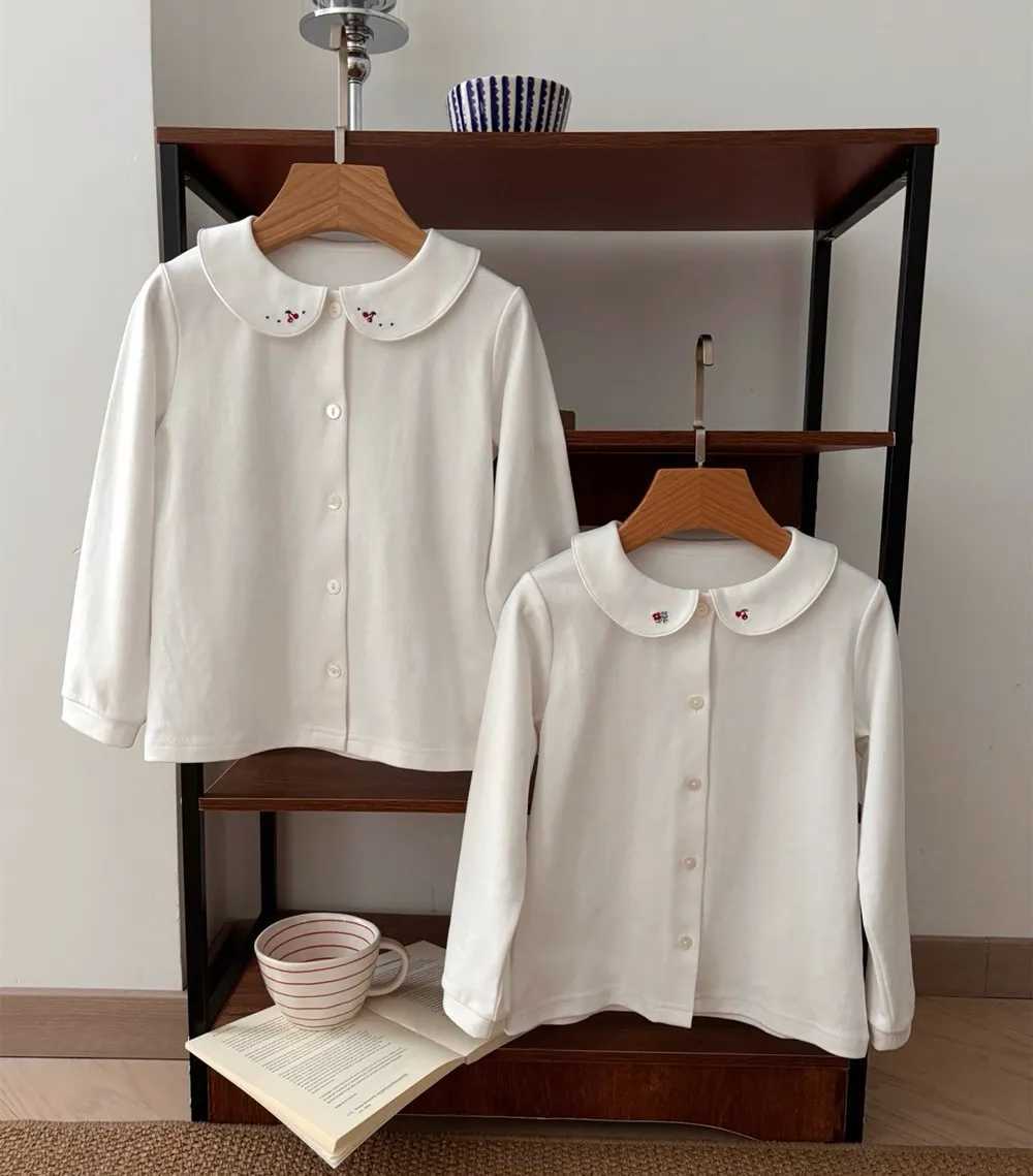 Autumn Winter Girls Shirt kids girls clothes Cherry and flower embroidered doll collar shirt white base cotton top C251007
