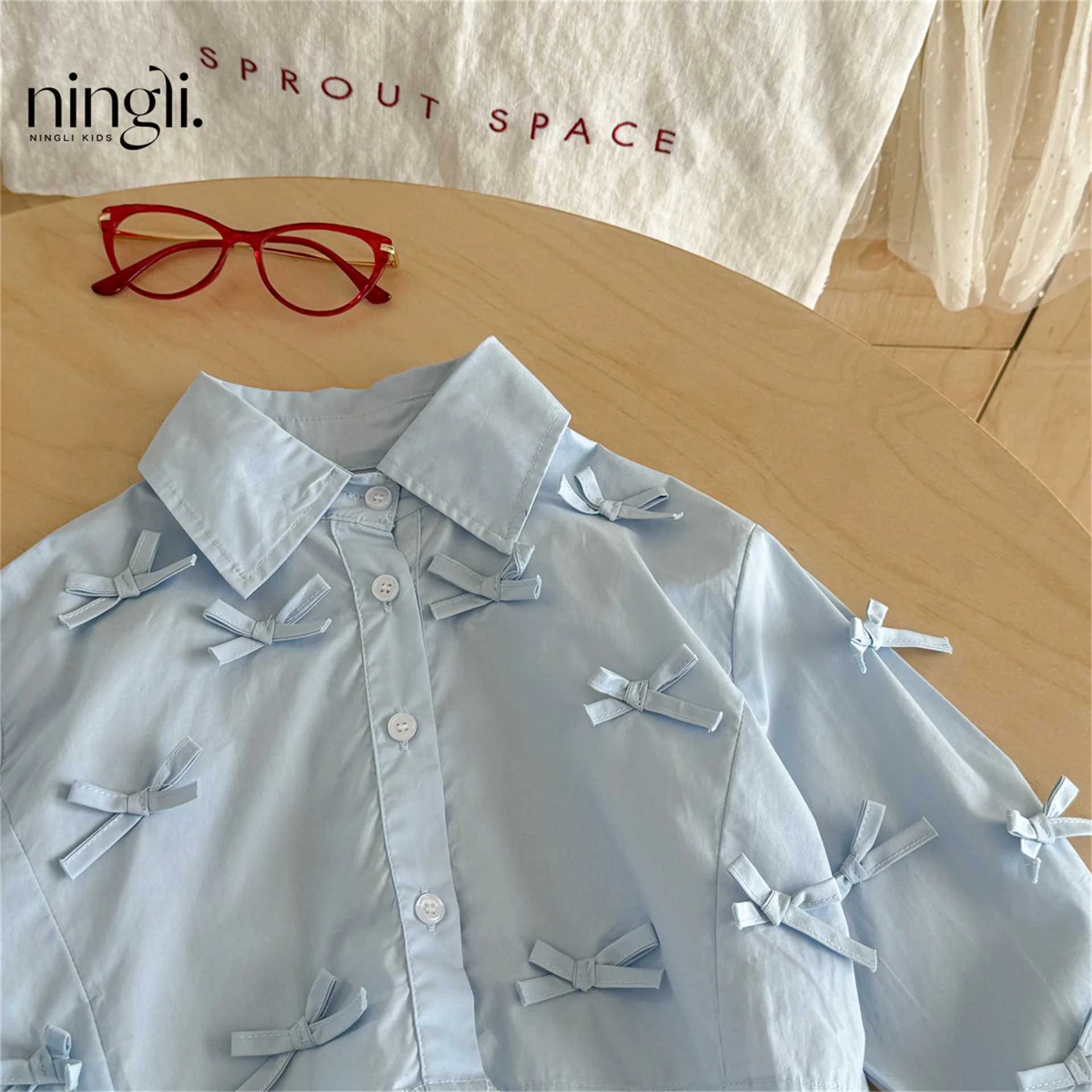 6785 Children Shirt 2025 Autumn New Baby Girls Bow Shirt Korean Leisure Girls Short Blouse Tops C251007