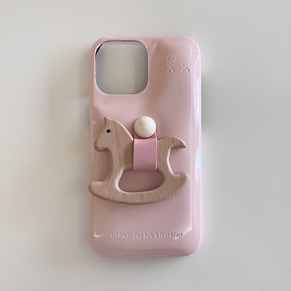 for iPhone 17 Pro Max Case, Simple Pure Color Cute Leather Wooden Horse Stand Smooth Feel Suitable for Girls Shockproof and Wear-Resistant Phone Case