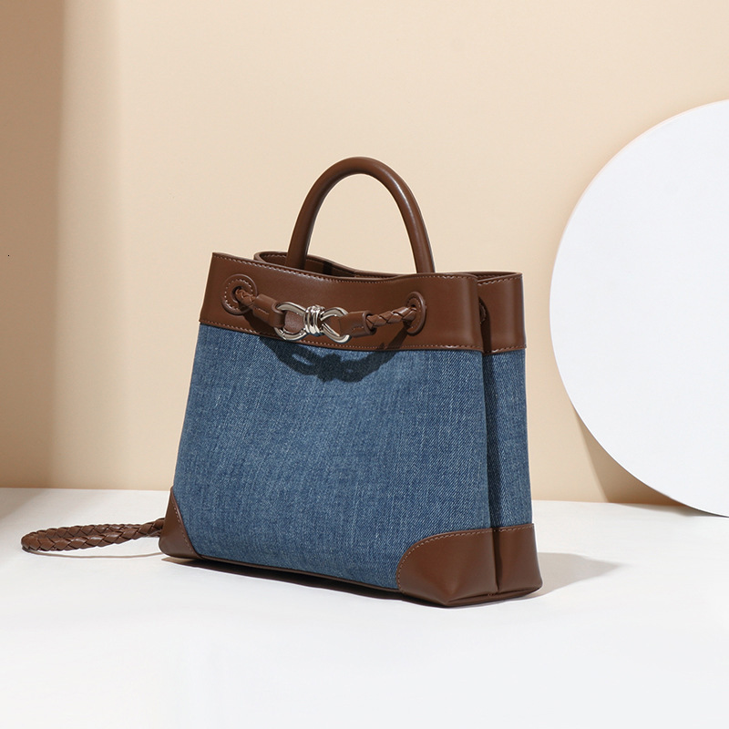 Niche Canvas Patchwork Eight-Character Buckle Metal Bowknot Tote Simple Denim Color-Block Handheld Crossbody Mommy Bag