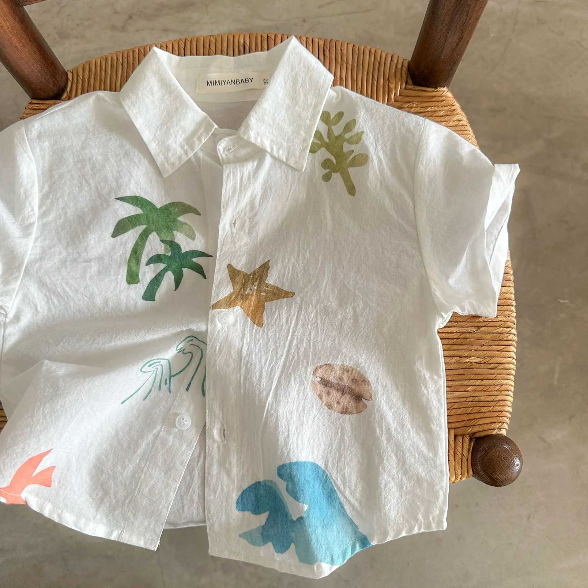 Boys short sleeved shirt beach pure cotton baby summer top half sleeved shirt breathable westernstyle childrens clothing C251007