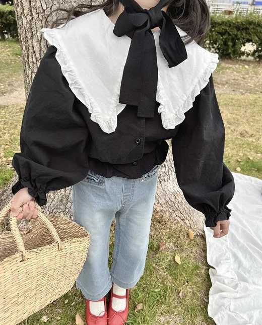 Blouses Girl Spring Autumn Black White Splicing Lotus Leaf Edge Collar Causal Long Sleeves Shirt Cotton Hemp Tops 2024 C251007