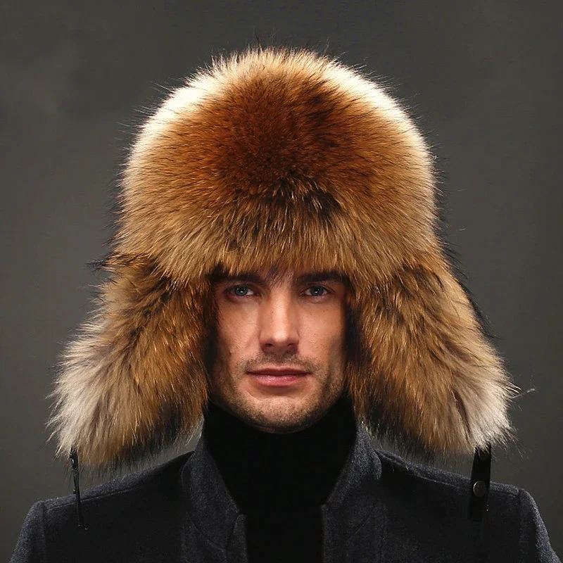 Winter Mens 100 Real Silver Fox Fur Bomber Hat Raccoon Fur Ushanka Cap Trapper Russian Man Ski Hats Caps Real Leather Top 250929